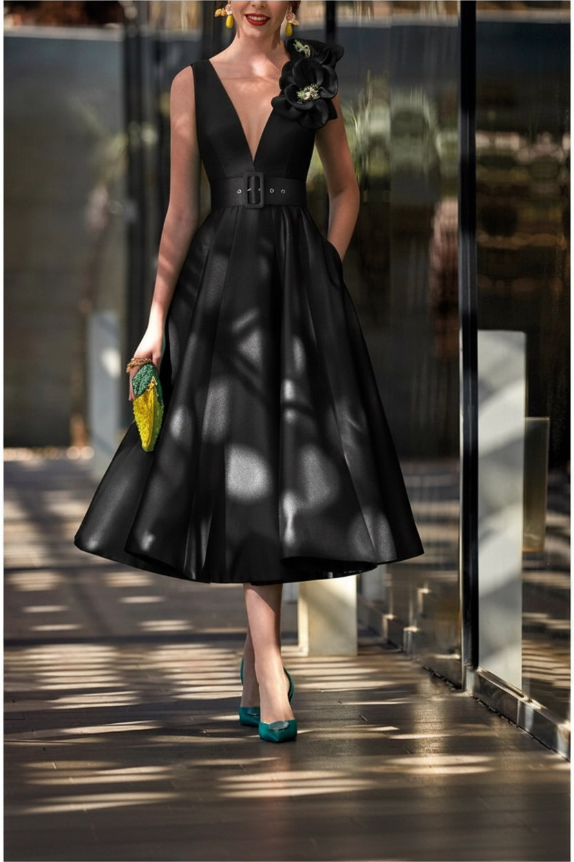 A-Line/Princess V-Neck Sleeveless Tea-Length Mother of the Bride Dresses with Sash
