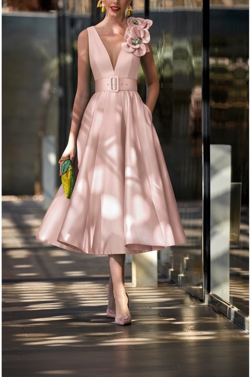 A-Line/Princess V-Neck Sleeveless Tea-Length Mother of the Bride Dresses with Sash
