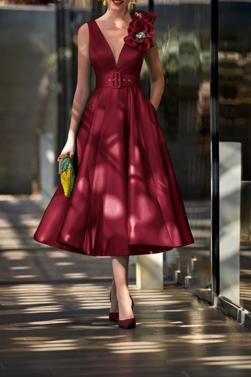 A-Line/Princess V-Neck Sleeveless Tea-Length Mother of the Bride Dresses with Sash
