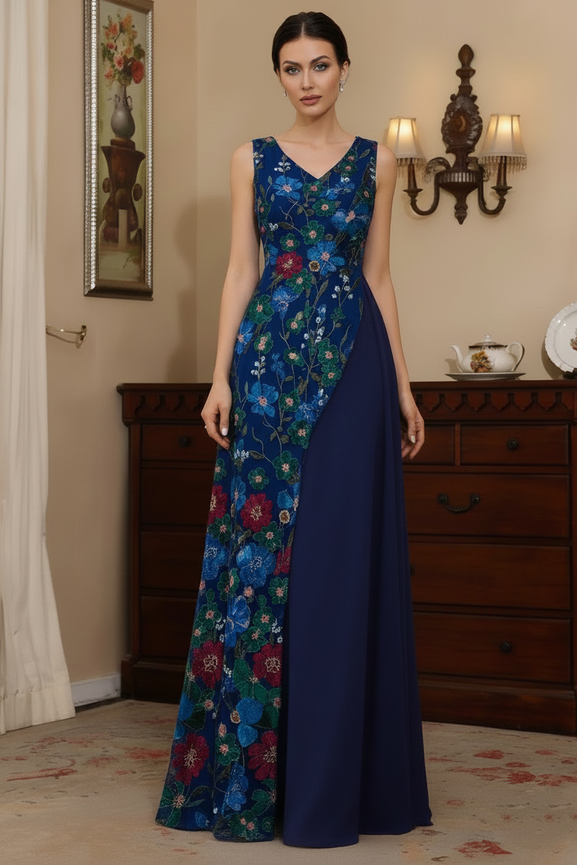 A-Line/Princess V-Neck Stretch Satin Mother of the Bride Dresses Floral Lace Floor-Length Sleeveless Ruffles