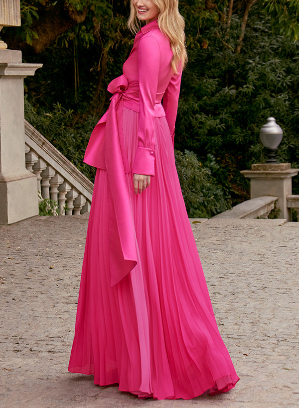 A Line Princess V Neck Floor Length Long Sleeves Satin Chiffon Two Piece Mother Of The Bride Dresses With Bowknot