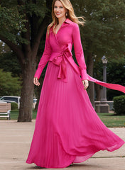 A Line Princess V Neck Floor Length Long Sleeves Satin Chiffon Two Piece Mother Of The Bride Dresses With Bowknot