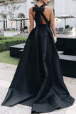 A-Line Black V-Neck Sleeveless A-Line Halt Charming Stain Prom Dresses with Bow