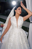 A-Line Charming V-Neck Sleeveless Tulle Floor-Length Wedding Dresses with Appliques