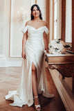 A-Line Elegant V-Neck Off-The Shoulder Split Front Strapless Wedding Dresses with Ruffles