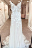 A-Line Floor-Length Sleeveless Spaghetti Straps V-Neck Split Front Wedding Dresses with Appliques