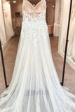 A-Line Floor-Length Sleeveless Spaghetti Straps V-Neck Split Front Wedding Dresses with Appliques