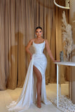 A-Line Floor-Length Sleeveless Strapless Charmeuse Split Front Stain Prom Dresses with Ruffles