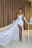 A-Line Floor-Length Sleeveless Strapless Charmeuse Split Front Stain Wedding Dresses with Ruffles