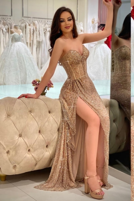 A-Line Gold Sleeveless Floor-Length Strapless Split Front Prom Dresses with Sequins