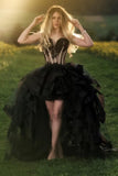 A-Line Hi-Lo Black Sweetheart Tulle Sleeveless Floor-Length Prom Dresses with Lace