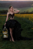 A-Line Hi-Lo Black Sweetheart Tulle Sleeveless Floor-Length Prom Dresses with Lace