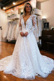 A-Line Long Sleeve Floor-Length Fabulous V-Neck Tulle Wedding Dresses with Appliques