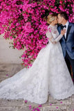 A-Line Long Sleeve Square Neck Floor-Length Tulle Open Back Wedding Dresses with Lace