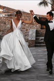 A-Line Stain V-Neck Split Front Sleeveless Wedding Dresses with Ruffles