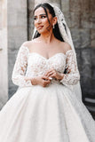 A-Line Sweetheart Long Sleeve Floor-Length Stain Wedding Dresses with Lace