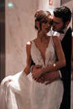 A-Line Tulle V-Neck Straps Floor-Length Stain Sleeveless Wedding Dresses with Appliques