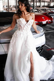 A-Line Tulle Sleeveless Floor-Length Sweetheart Split Front Wedding Dresses with Appliques