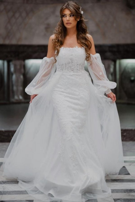 A-Line Tulle Strapless Mermaid Floor-Length Wedding Dresses with Lace