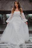 <tc>A-Linie, trägerloses, bodenlanges Brautkleid im Meerjungfrau-Stil aus Tüll mit Spitze</tc>