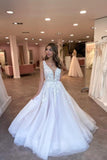 A-Line Tulle V-Neck Floor-Length Sleeveless Charming Wedding Dresses with Appliques