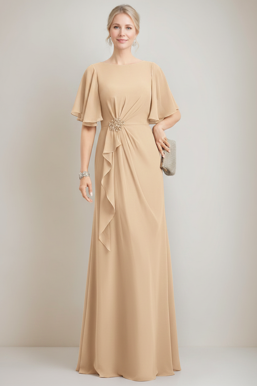 A-line/Princess Jewel Neck Ruched Floor-Length Mother Of The Bride Dresses with Ruffles & Crystals & Beads