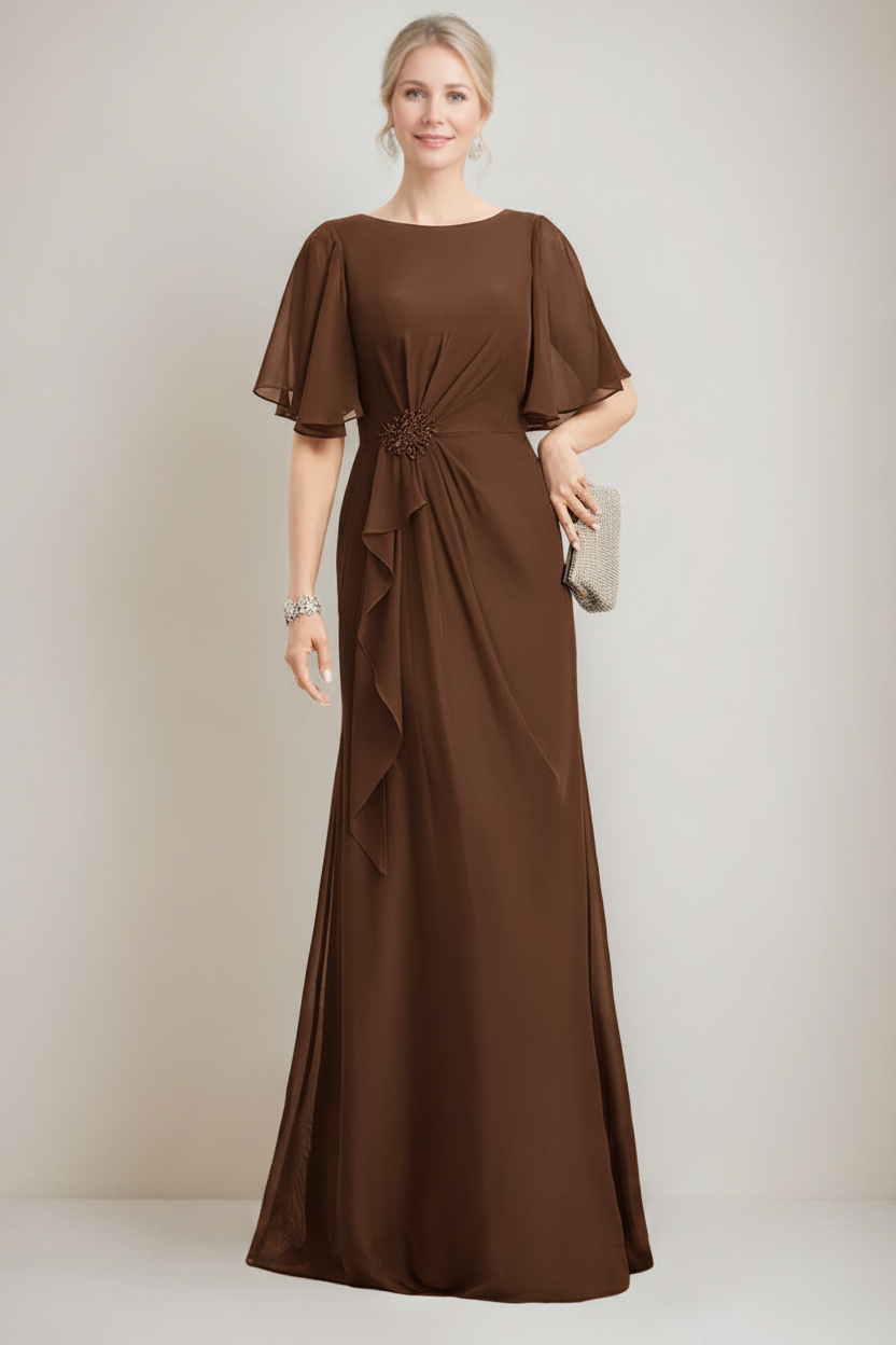 A-line/Princess Jewel Neck Ruched Floor-Length Mother Of The Bride Dresses with Ruffles & Crystals & Beads