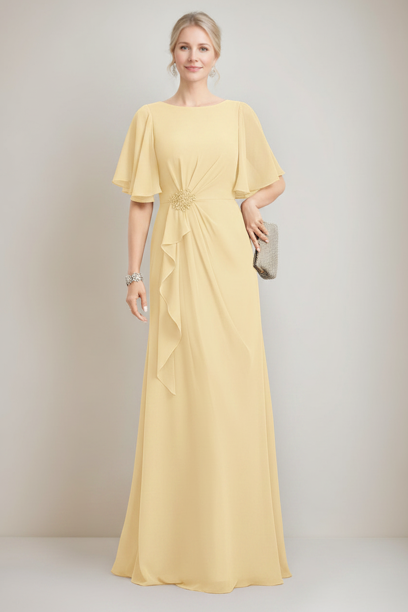 A-line/Princess Jewel Neck Ruched Floor-Length Mother Of The Bride Dresses with Ruffles & Crystals & Beads