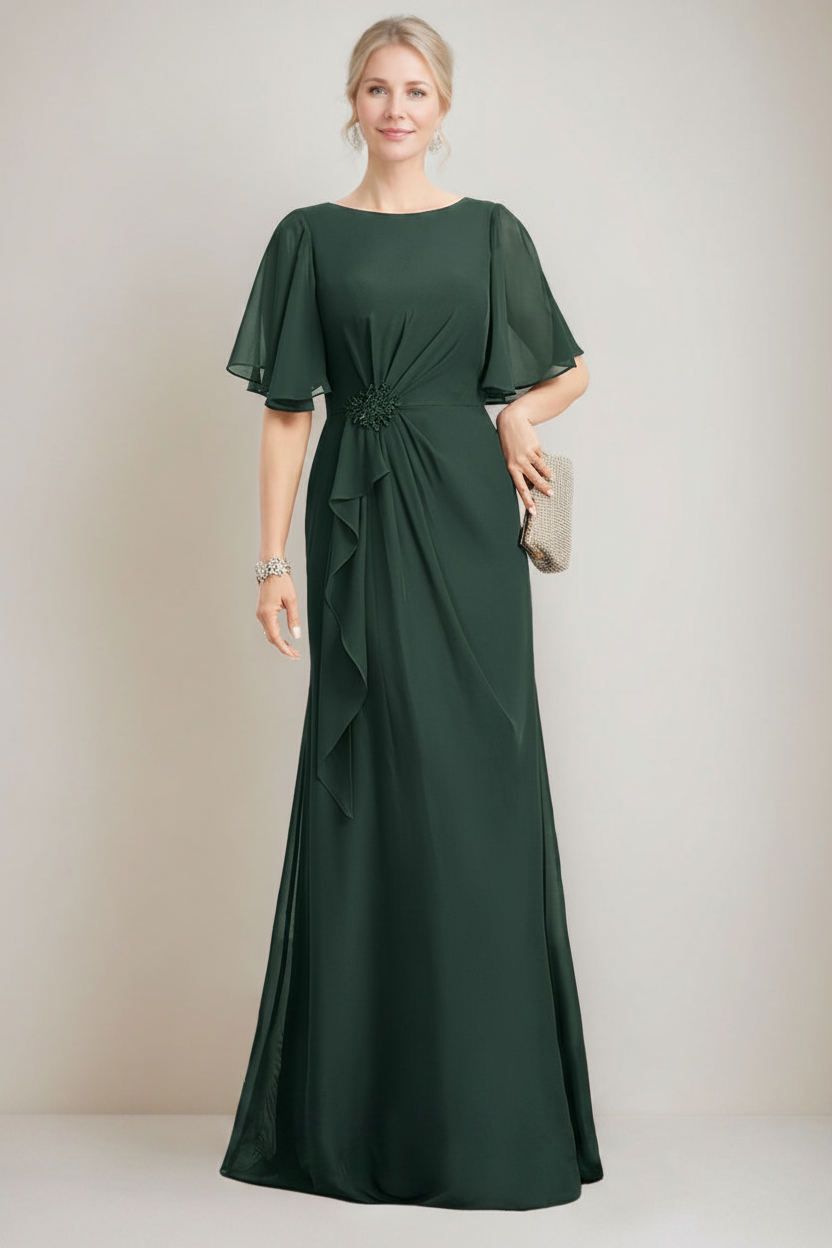 A-line/Princess Jewel Neck Ruched Floor-Length Mother Of The Bride Dresses with Ruffles & Crystals & Beads