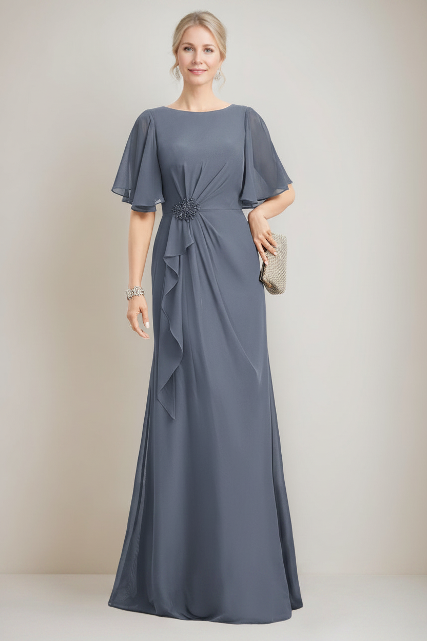A-line/Princess Jewel Neck Ruched Floor-Length Mother Of The Bride Dresses with Ruffles & Crystals & Beads