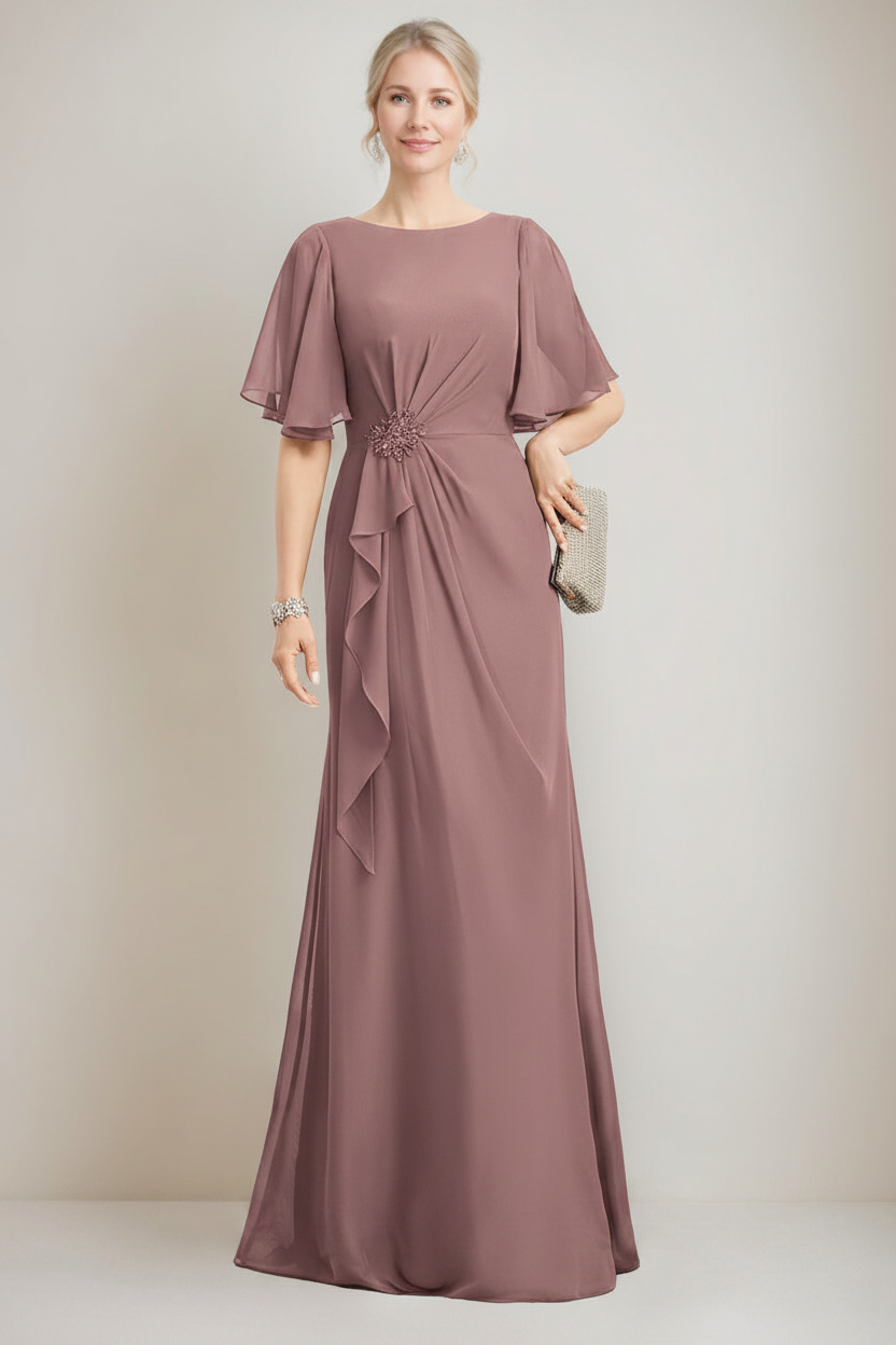 A-line/Princess Jewel Neck Ruched Floor-Length Mother Of The Bride Dresses with Ruffles & Crystals & Beads