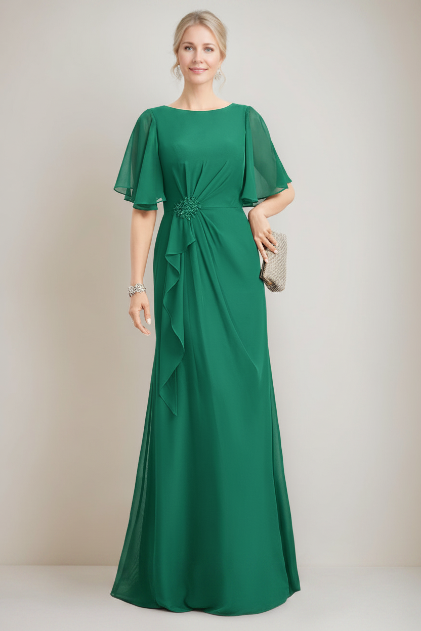 A-line/Princess Jewel Neck Ruched Floor-Length Mother Of The Bride Dresses with Ruffles & Crystals & Beads