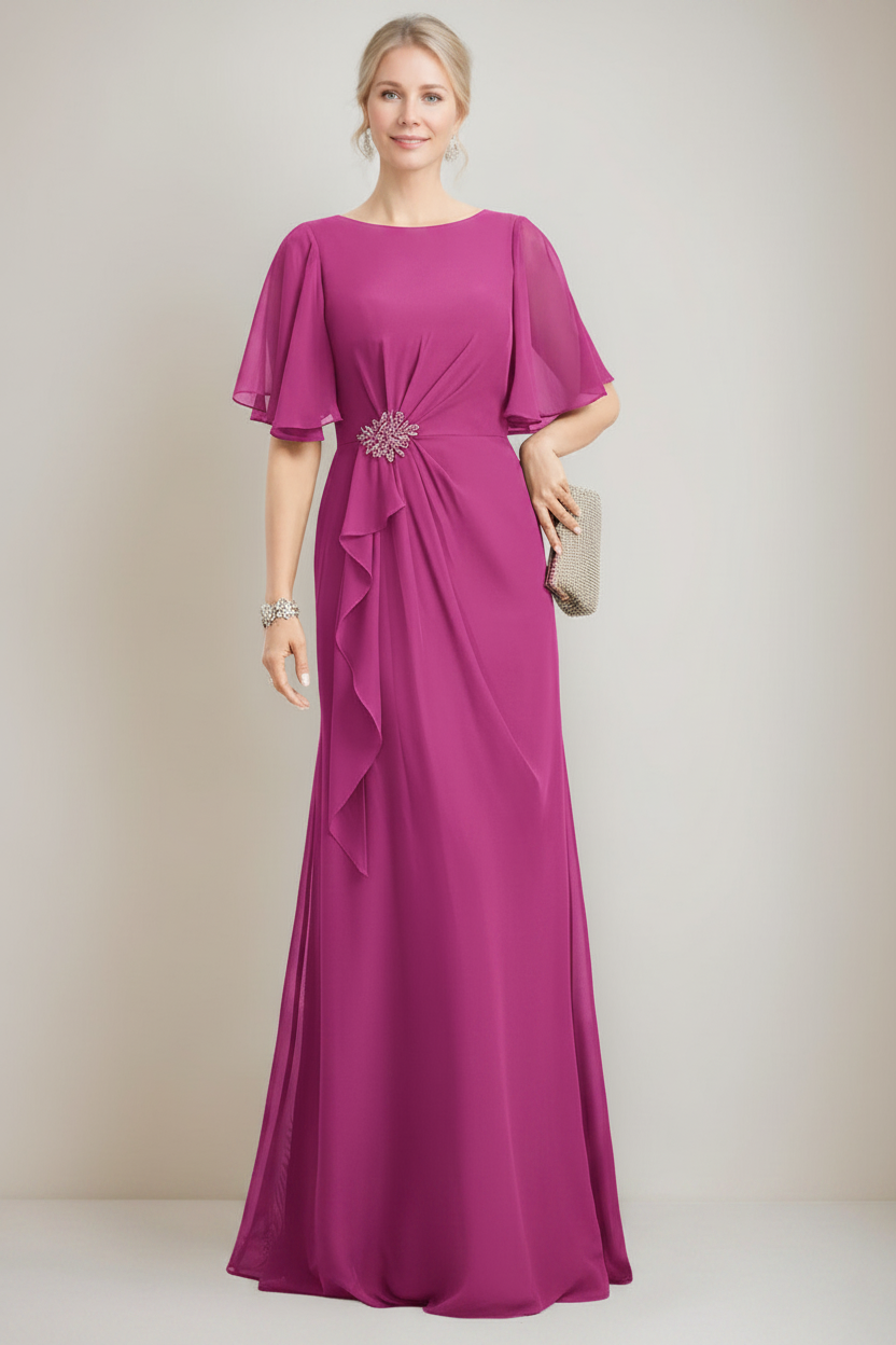 A-line/Princess Jewel Neck Ruched Floor-Length Mother Of The Bride Dresses with Ruffles & Crystals & Beads