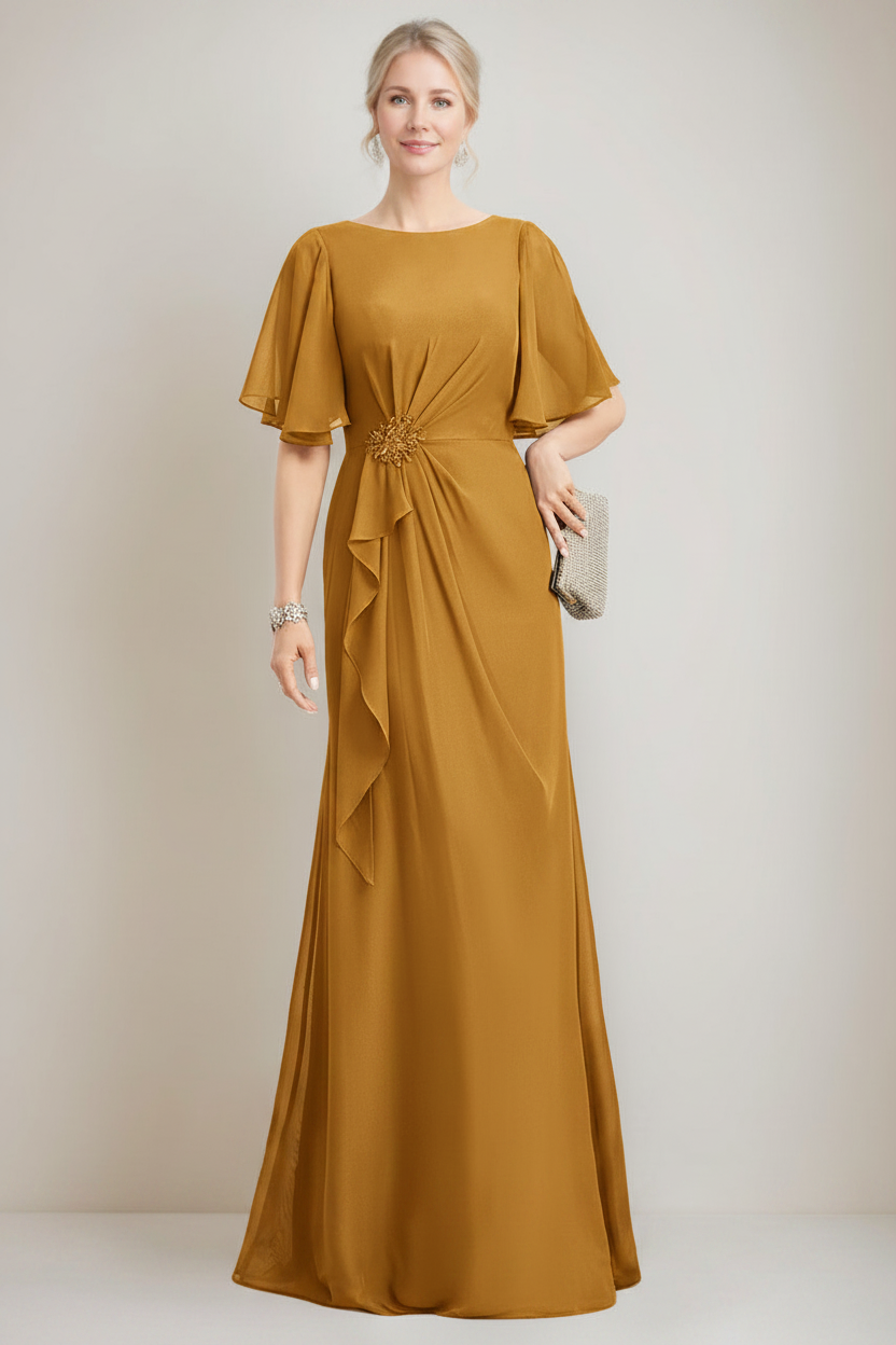 A-line/Princess Jewel Neck Ruched Floor-Length Mother Of The Bride Dresses with Ruffles & Crystals & Beads