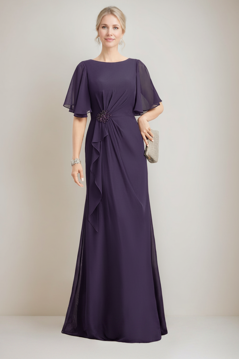A-line/Princess Jewel Neck Ruched Floor-Length Mother Of The Bride Dresses with Ruffles & Crystals & Beads