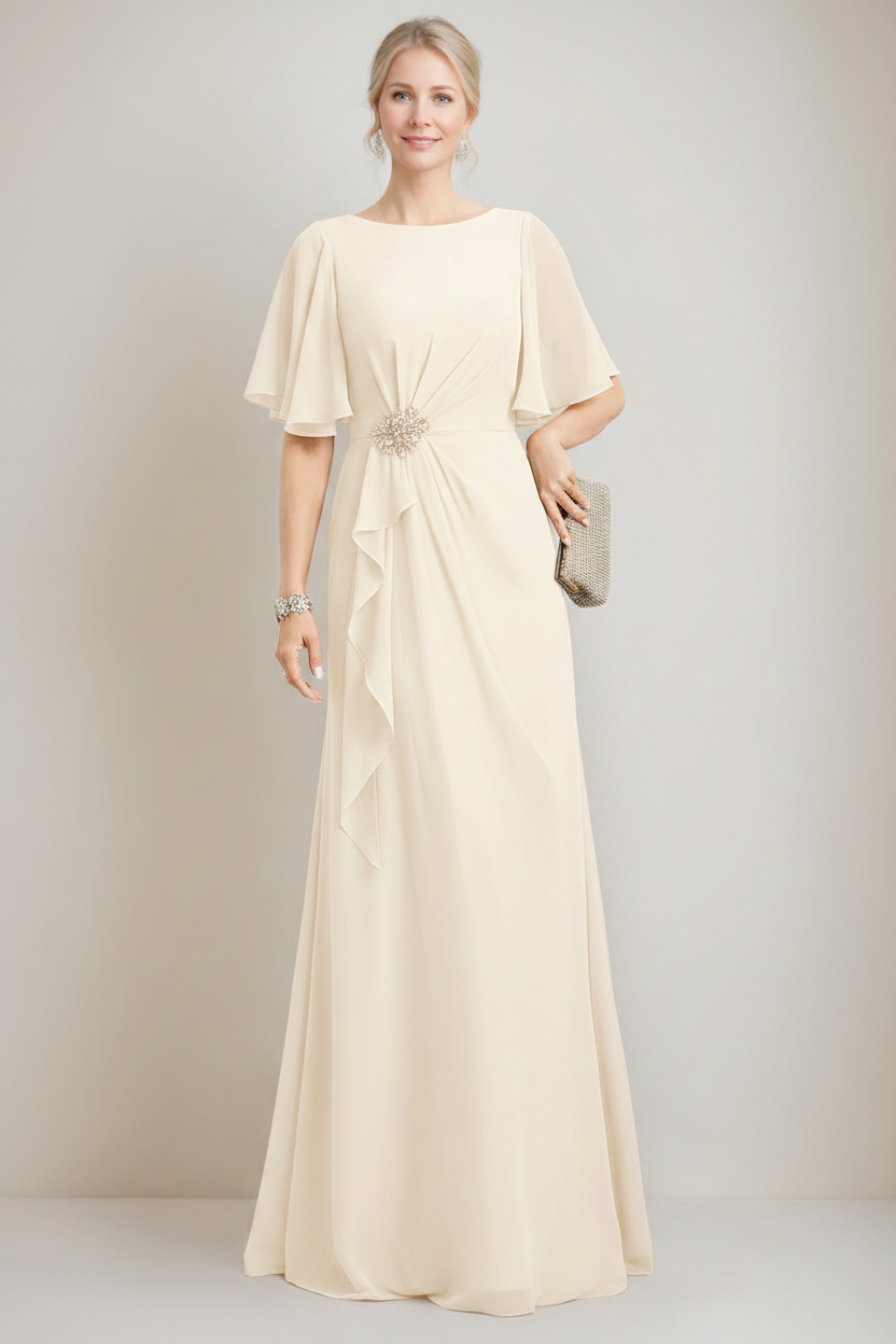 A-line/Princess Jewel Neck Ruched Floor-Length Mother Of The Bride Dresses with Ruffles & Crystals & Beads