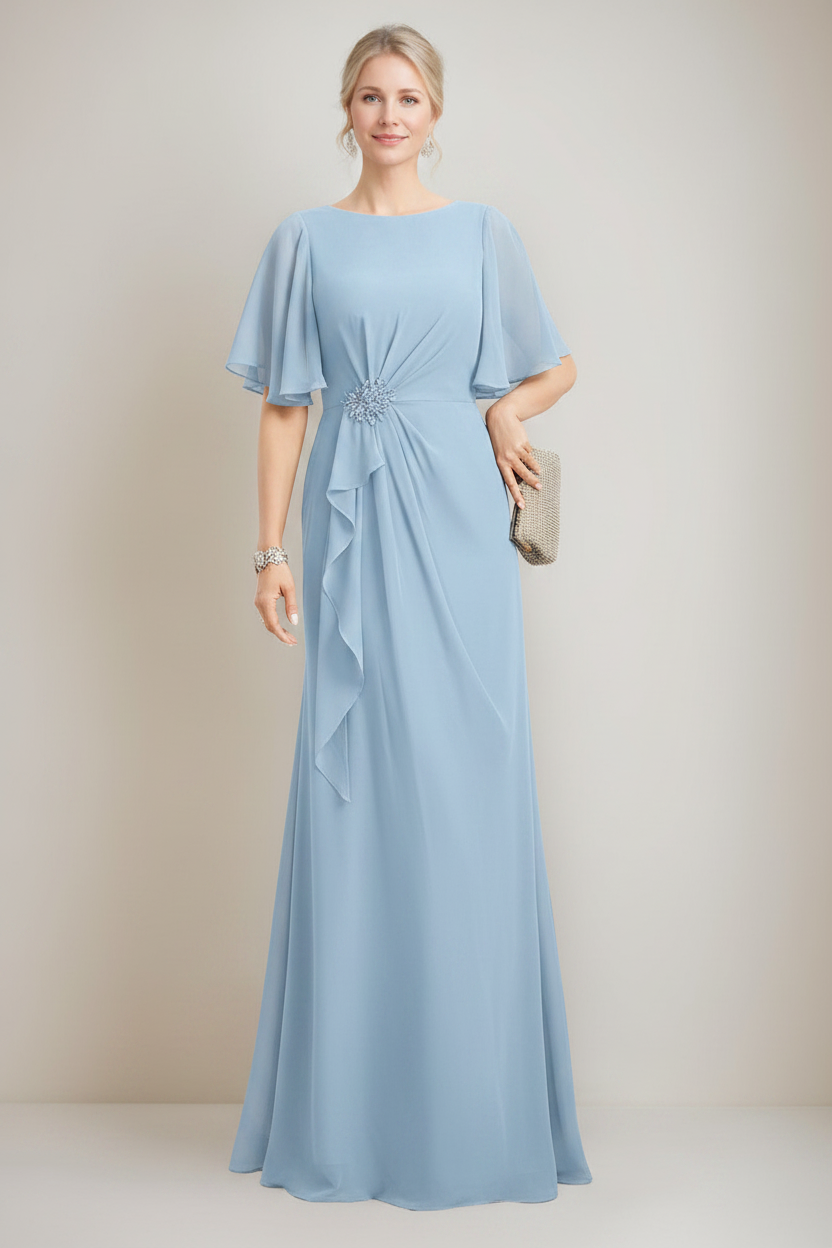 A-line/Princess Jewel Neck Ruched Floor-Length Mother Of The Bride Dresses with Ruffles & Crystals & Beads
