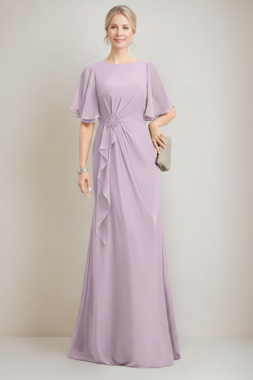 A-line/Princess Jewel Neck Ruched Floor-Length Mother Of The Bride Dresses with Ruffles & Crystals & Beads