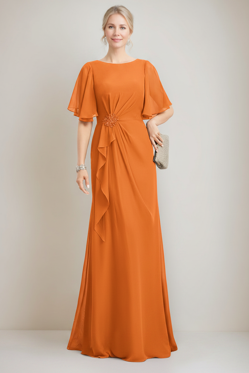 A-line/Princess Jewel Neck Ruched Floor-Length Mother Of The Bride Dresses with Ruffles & Crystals & Beads