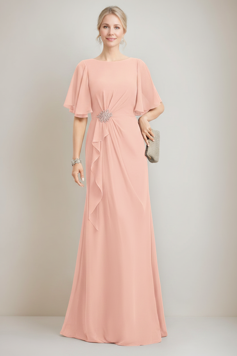 A-line/Princess Jewel Neck Ruched Floor-Length Mother Of The Bride Dresses with Ruffles & Crystals & Beads