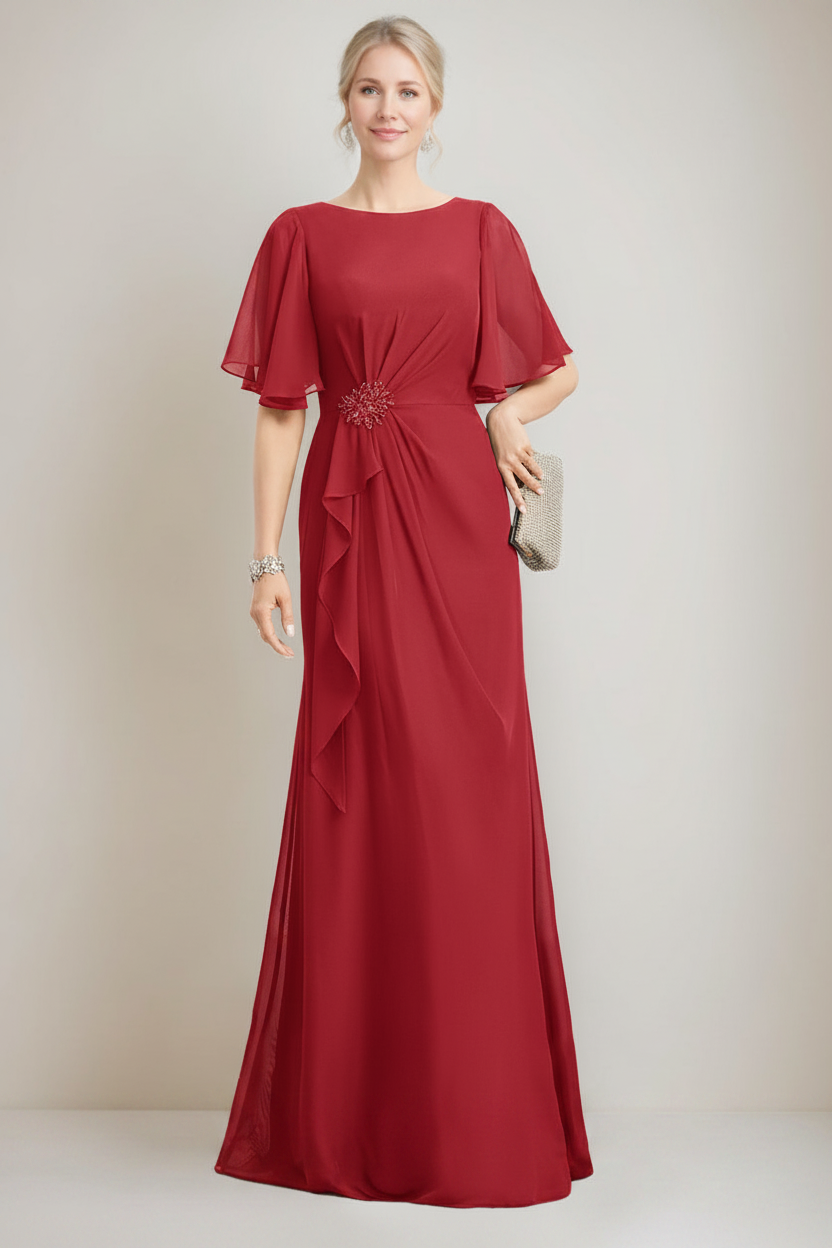 A-line/Princess Jewel Neck Ruched Floor-Length Mother Of The Bride Dresses with Ruffles & Crystals & Beads