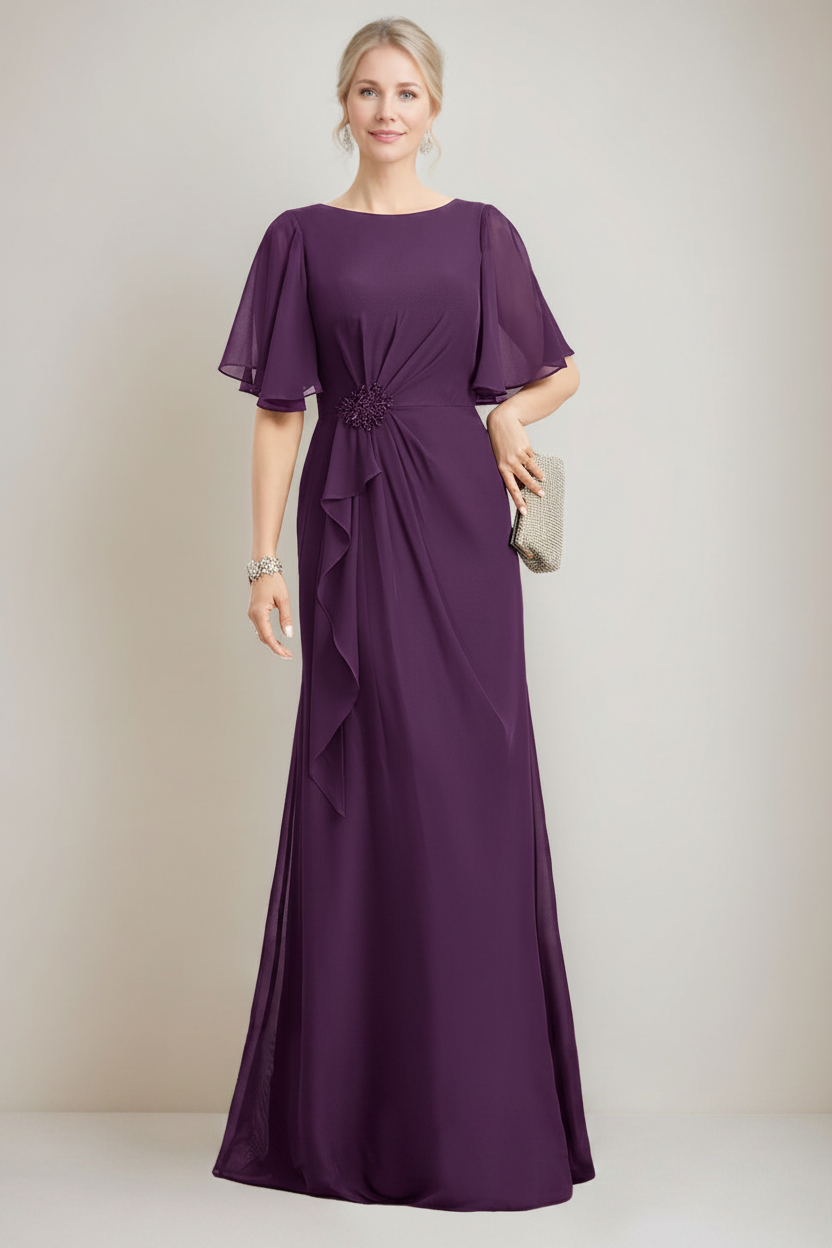 A-line/Princess Jewel Neck Ruched Floor-Length Mother Of The Bride Dresses with Ruffles & Crystals & Beads