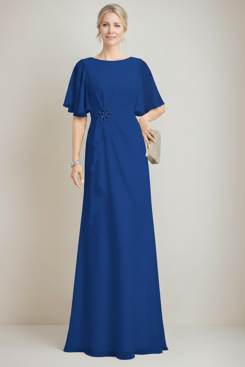 A-line/Princess Jewel Neck Ruched Floor-Length Mother Of The Bride Dresses with Ruffles & Crystals & Beads