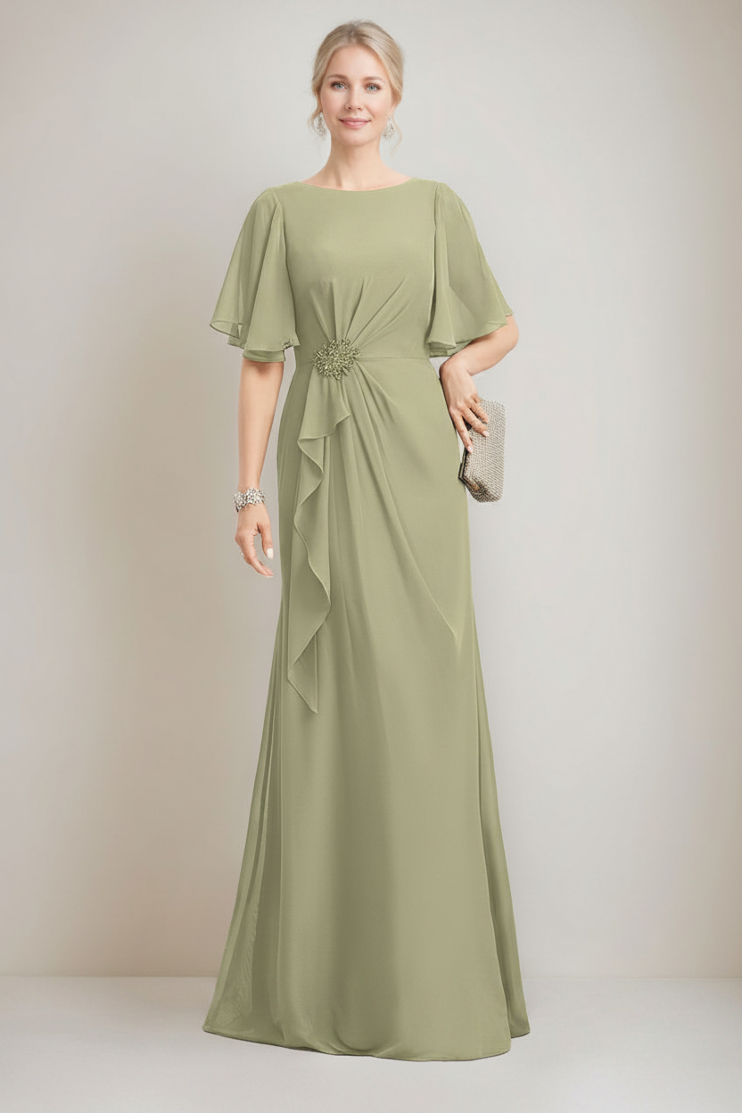 A-line/Princess Jewel Neck Ruched Floor-Length Mother Of The Bride Dresses with Ruffles & Crystals & Beads