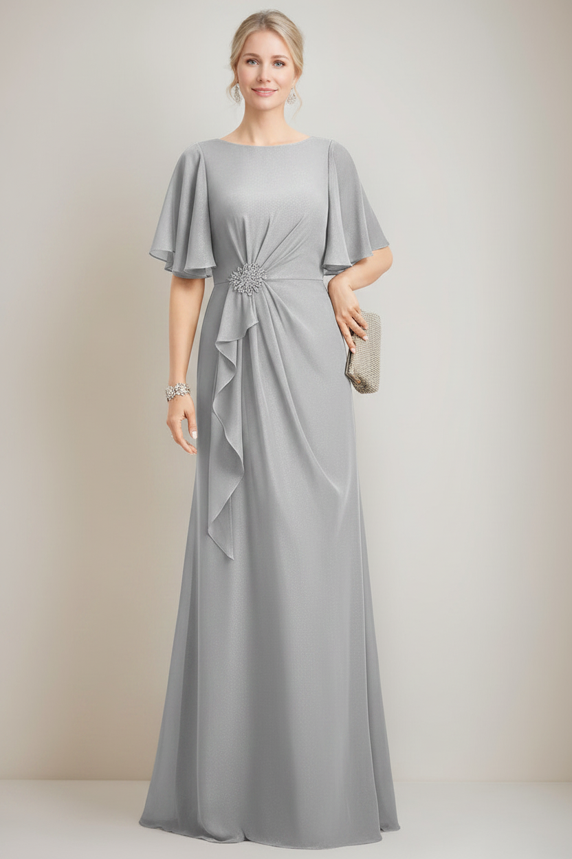 A-line/Princess Jewel Neck Ruched Floor-Length Mother Of The Bride Dresses with Ruffles & Crystals & Beads