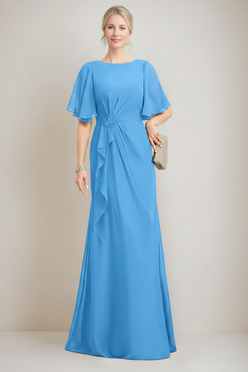 A-line/Princess Jewel Neck Ruched Floor-Length Mother Of The Bride Dresses with Ruffles & Crystals & Beads