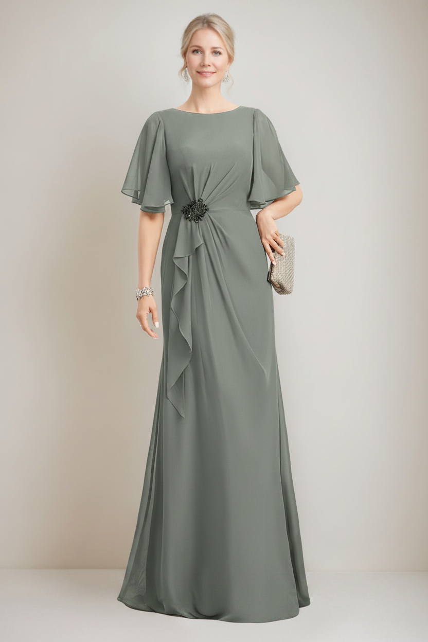 A-line/Princess Jewel Neck Ruched Floor-Length Mother Of The Bride Dresses with Ruffles & Crystals & Beads