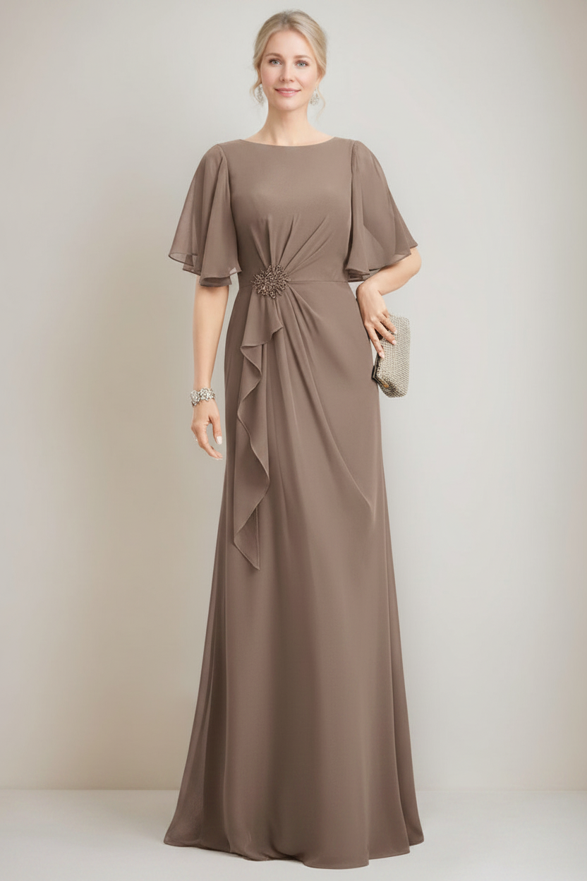 A-line/Princess Jewel Neck Ruched Floor-Length Mother Of The Bride Dresses with Ruffles & Crystals & Beads