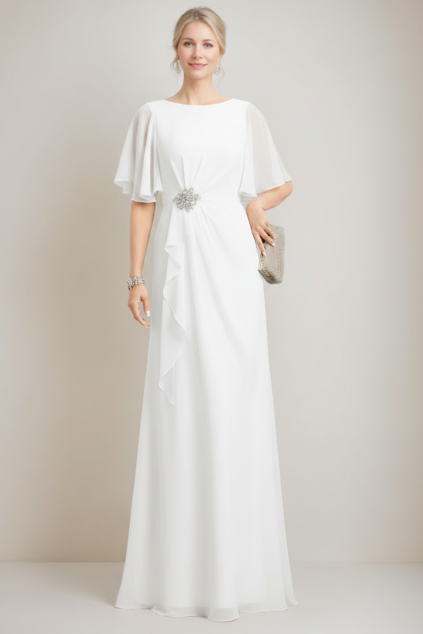 A-line/Princess Jewel Neck Ruched Floor-Length Mother Of The Bride Dresses with Ruffles & Crystals & Beads