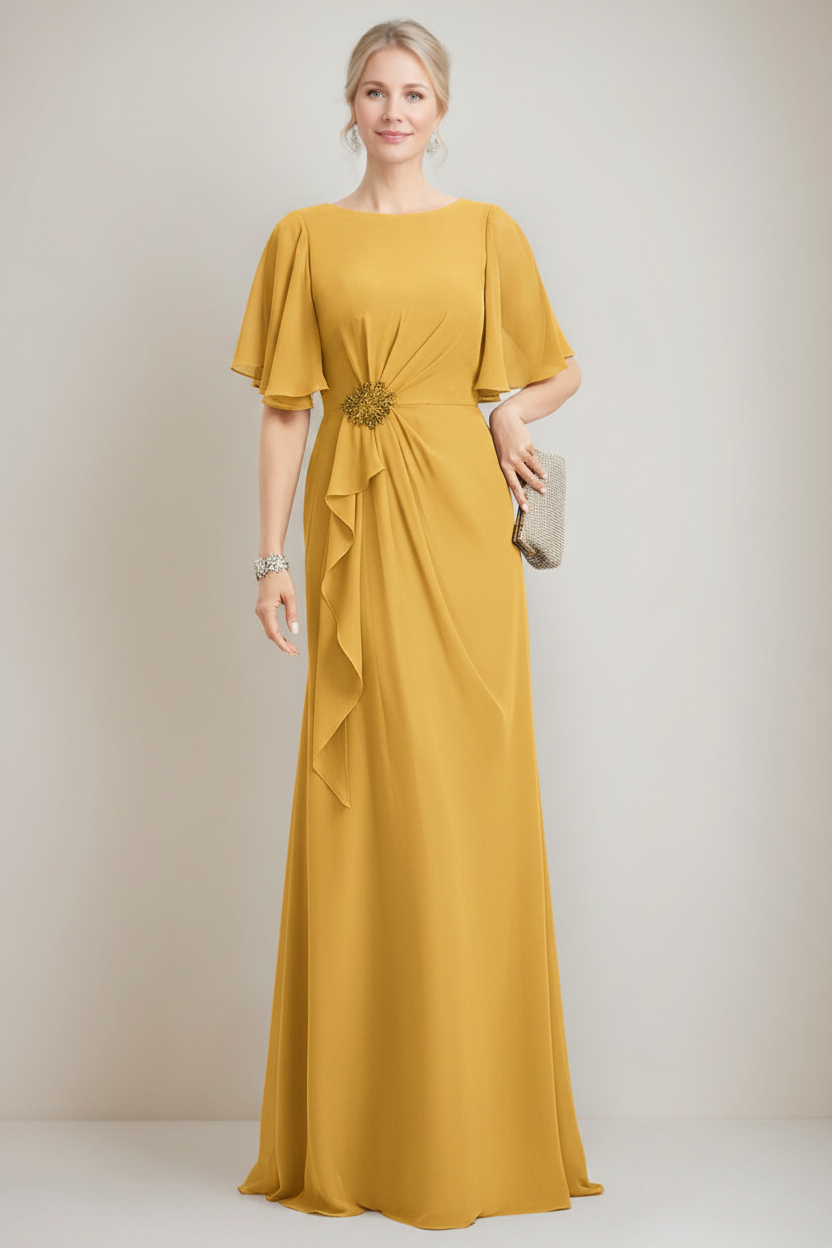 A-line/Princess Jewel Neck Ruched Floor-Length Mother Of The Bride Dresses with Ruffles & Crystals & Beads